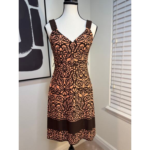 Y2K TAYLOR Size Small Petite Beaded Strap Dress – Brown Floral / Cantaloupe - Picture 1 of 8